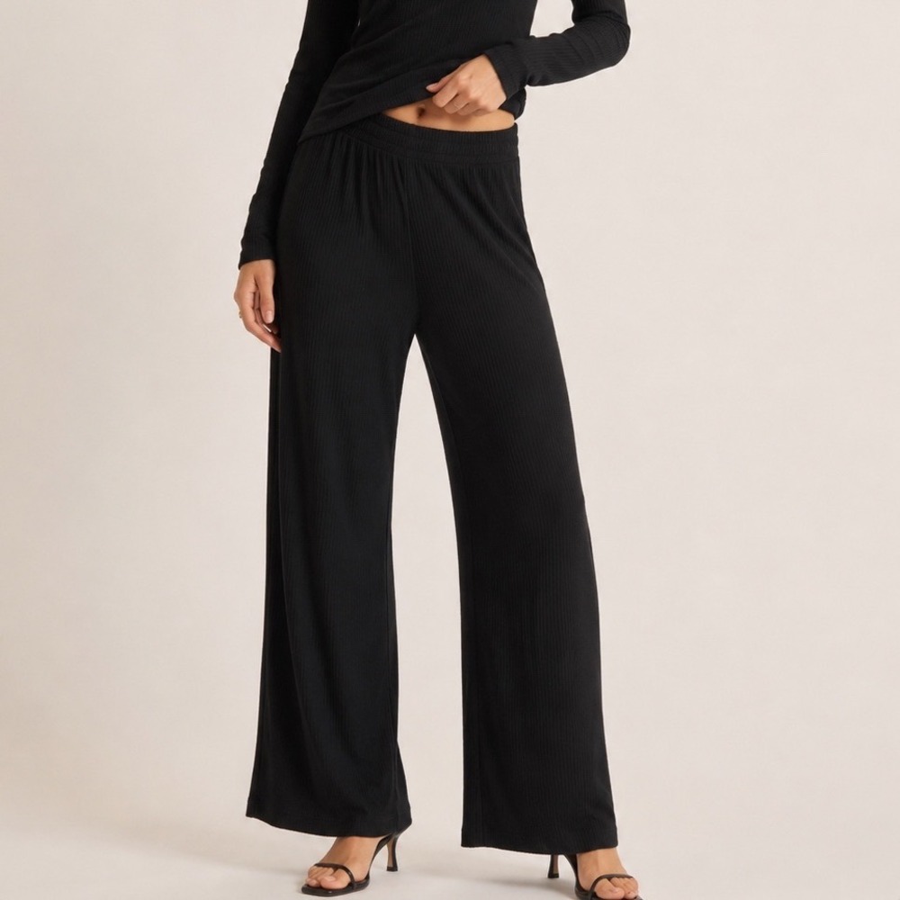 ASKK‎ NY Ribbed Wide Leg Pants Womens 0 Black Pull On Lounge Travel Everyday Fit